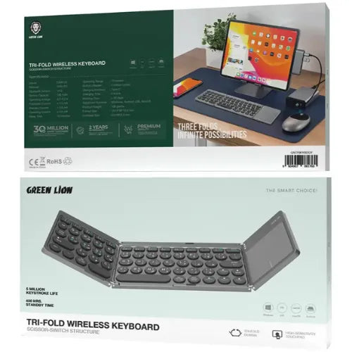 Tri-Fold Wireless Keyboard with mouse pad Green Lion  Structure - Gray