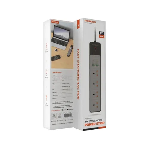 Power Strip Porodo with 4 AC 65W charging 3000w