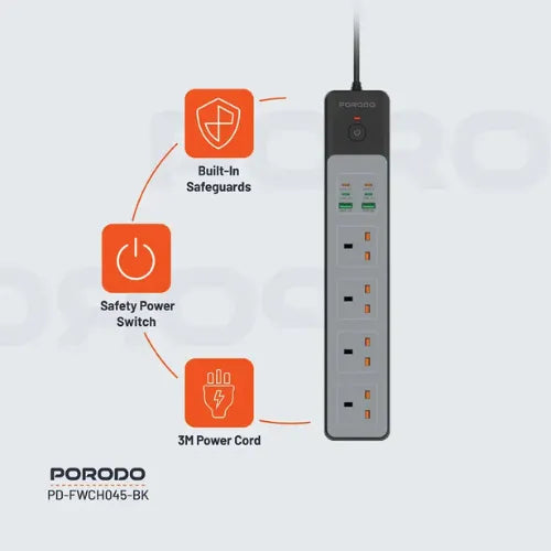 Power Strip Porodo with 4 AC 65W charging 3000w