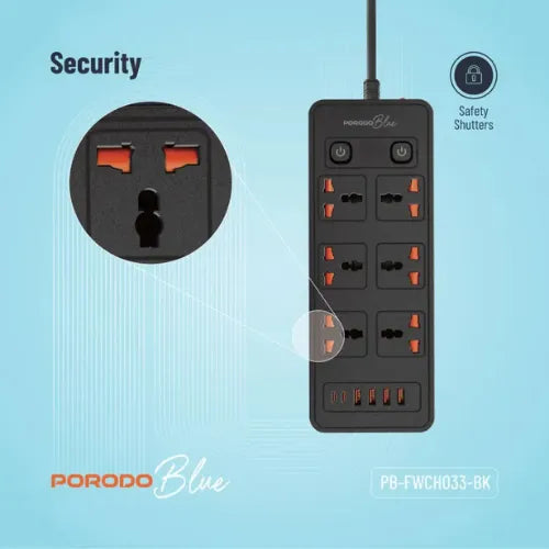 Porodo Blue 6 AC - Dual Switch Power Strip - Black