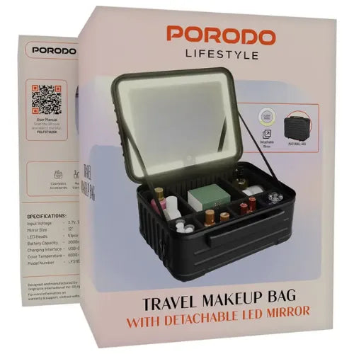 Travel Makeup Bag with Detachable LED Mirror - Porodo Lifestyle  Black
