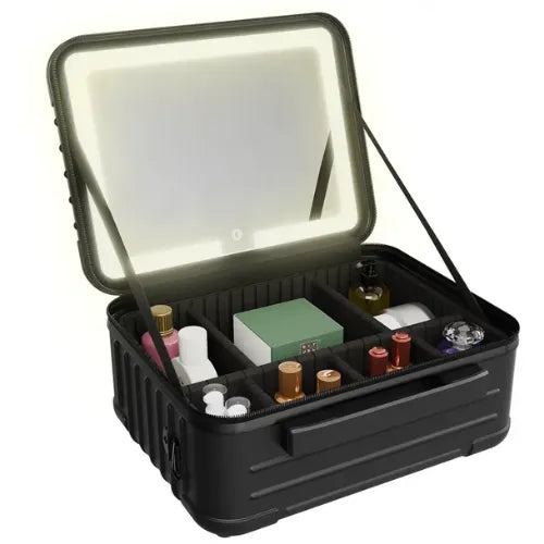 Travel Makeup Bag with Detachable LED Mirror - Porodo Lifestyle  Black