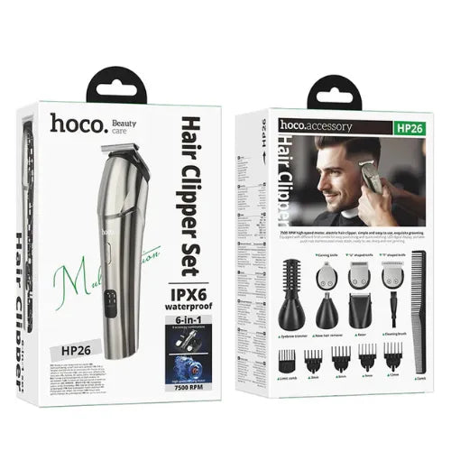 Electric Hair Clipper with IPX6 Waterproofing, LED Battery Display, 7500 RPM, 6 in 1 Grooming Set (HP26)